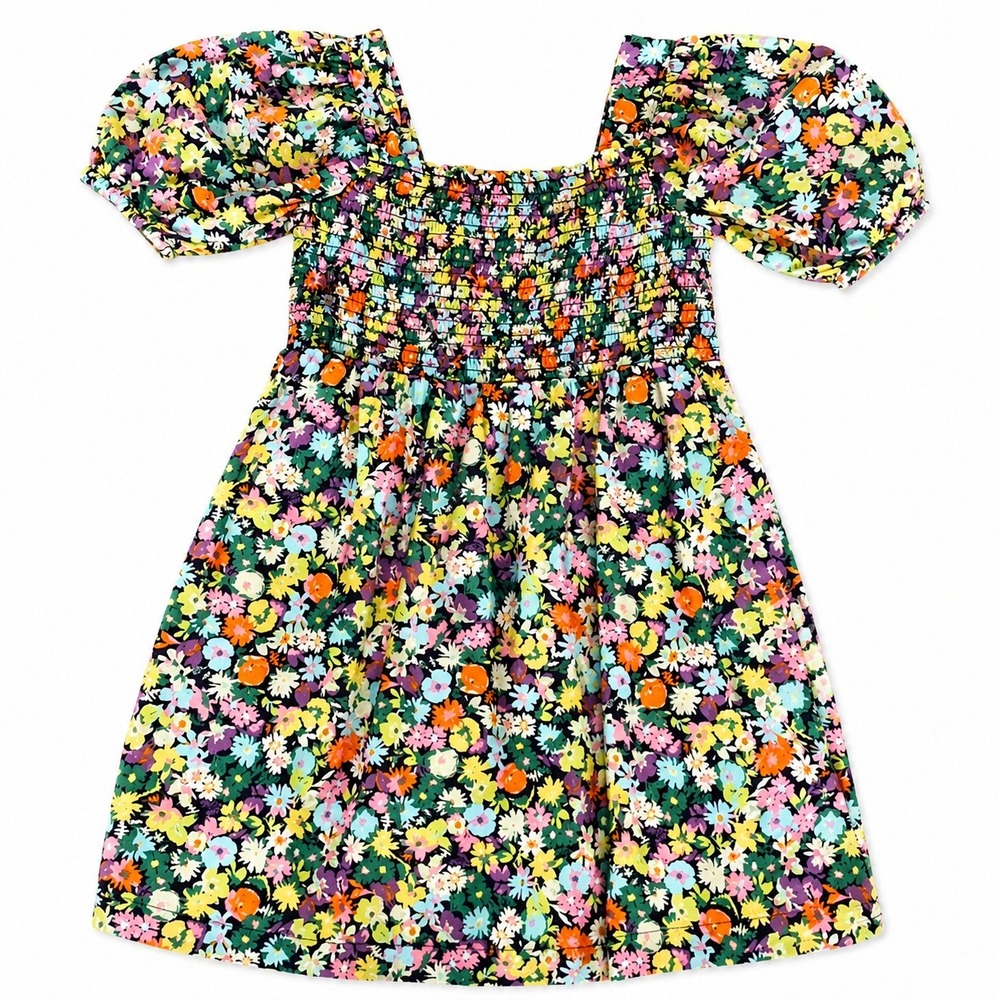 Gap Kids Floral Smocked Dress Multi Color Puff Sleeve Square Neck XS 4-5